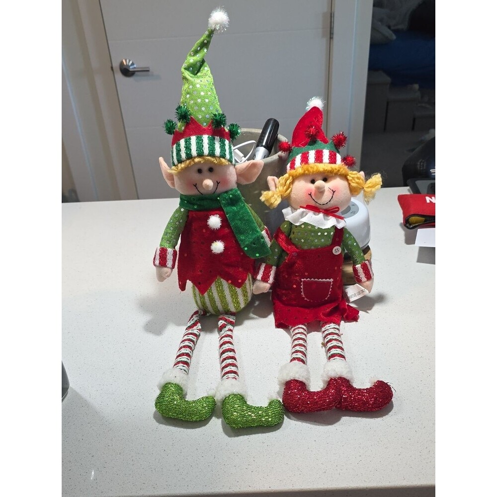 Set of Two Christmas Elf Plush Dolls - Red & Green